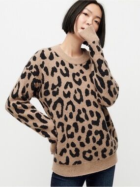 J Crew Leopard Print Crewneck Sweater Tan Black XL Merino Wool Alpaca Blend